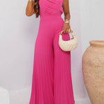 Women's Pleated Wide Leg Jumpsuit Spaghetti Strap High Waisted Shirred Backless Flared Overalls