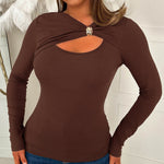Women's Rib Knit Long Sleeve Top Gold Buckle Cut Out Tee Twisted Front Hollow Out Slim Fit Top