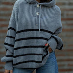 Women's Striped Henley Drawstring Hooded Sweater Loose Fit Lantern Sleeve Knit Pullover