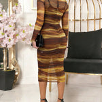Tie Dye Print Mock Neck Long Sleeve Side Ruched Sexy Sheer Mesh Bodycon Dress with Cami Set