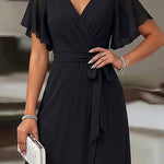 Women's Overlap V Neck Jumpsuit Butterfly Sleeve Wide Leg Romper Tied Waist Shirred Back Split Leg Overalls