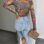 Women's Vintage Print Sheer Mesh Top Long Sleeve Slim Fit Tee with Thumb Holes