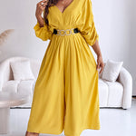 Deep V-Neck Ruched Three Quarters Sleeve Backless Overalls Casual Waist-Gathered Tied Detail Jumpsuit without Belt