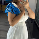 Abstract Placement Print Overlap Deep V-Neck Ruffles Sleeve Pleated Maxi Dress Elegant Zipper Back Cinched Waist Vacation Dress with Belt