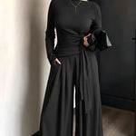 Women's 2 Piece Knit Lounge Set Long Sleeve Tie Waist Top and High Waisted Wide Leg Pants Casual Soft Sweatsuit with Pockets