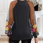 Floral Embroidery Round Neck Lantern Sleeve Blouse Sexy Sheer Mesh Patch Ruched Top