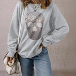 Women's Rhinestone Skull Graphic Loose Sweatshirt Drop Shoulder Crewneck Pullover Top