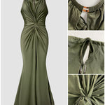 Women's Halter Tie Satin Maxi Dress Twist Front Cutout Backless Mermaid Cockail Dress Ruched Evening Party Dress