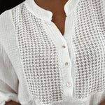 Notch Neck Roll Up Sleeve Lace Overlay Shirt Half Button Front Ruffle Hem Casual Top
