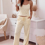 Women's 3 Piece Outfits Ditsy Floral Pajama Set Crop Cami Top and Button Down Cardigan and Straight Leg Pants Lounge Set
