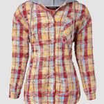 Colorblock Plaid Print Hooded Distressed Button Front Coat Shacket