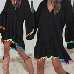 Colorblock V-Neck Bell Sleeve A Line Tassel Mini Dress Vacation Dress