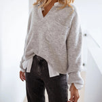 Women's Rib-Knit Polo Sweater V-Neck Collared Long Sleeve Pullover Loose Fit Drop Shoulder Top