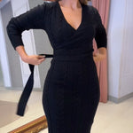 Cable Textured Overlap Deep V-Neck Long Sleeve Mid-Length Dress Tie Waist Slim Fit Knit Dress
