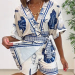 Starfish & Seashell Print Overlap V Neck Half Sleeve Wrap Knot Side Romper Casual Stretchy Back Waist Vacation Romper