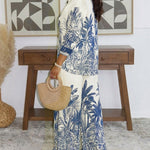 Women's Tropical Print 2 Piece Outfit Button Down Shirt and High Waisted Wide Leg Pants Casual Vacation Set
