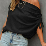 Skew Neck Drawstring Sleeve Loose Fit Casual Top
