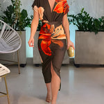 Floral Placement Print Deep V-Neck Front Slit Dress Ruched Slim Fit Vacation Dress