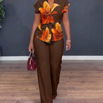 Women's Two Piece Outfit Vintage Floral Twist Front Top and Straight Leg Pants Set