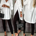 Women's Cotton Oversized Button Down Shirt Long Sleeve Blouse Casual Curved Hem Top