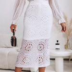 Crochet Pattern Elastic Waist Hollow-out Mid-Calf Skirt Casual Commuting Skirt
