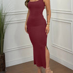 U-Neck Sleeveless Backless Twist Back Side Slit Knit Dress Slim Fit Versatile Ribbed Maxi Tank Dress