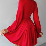 Deep V Neck Lantern Sleeve Ruched Pleated A Line Flowy Dress Single Breasted Decor Cinched Waist Party Dress