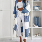 Women's Checkerboard Knit Cardigan Oversized Long Chunky Sweater Loose Lantern Sleeve Coat with Pockets