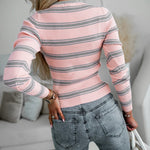 Women's Striped Ribbed Knit Top Slim Fit Long Sleeve Henley Shirt Gold Button Pullover