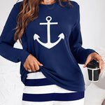 Women's 2 Piece Pajama Set Anchor Long Sleeve Top and Striped Wide Leg Pants Casual Lounge Set