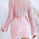 2 Pieces Outfit Deep V Neck Flare Sleeve Half Pearl Button Front Slit Top And Elastic Waist Skirt Set Casual Slim Fit Knit Set