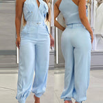 2 Pieces Outfits Sleeveless High Neck Cargo Pockets Design Top And Casual Cuffed Long Pants Set