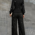 Women's 2 Piece Glitter Set Deep V Neck Lantern Sleeve Ruched Top and Wide Leg Pants with Pockets