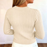 Women's Gold Button Crew Neck Textured Knit Long Sleeve Top
