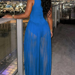 Women's Rhinestone Cutout Jumpsuit Sleeveless Sheer Chiffon Lantern Leg Overalls