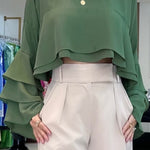 Round Neck Bell Sleeve Crop Top Casual Loose Fit Layered Blouse