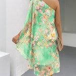 CHICME Women's Floral Print One-Shoulder Chiffon Dress 3D Floral Decor Split Sleeve Loose A-Line Mini Dress