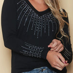 Women's Rhinestone V-Neck Long Sleeve Tee Slim Fit Sparkly Fitted Top
