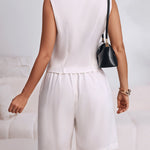 2 Pieces Outfit V Neck Button Front Flap Detail Vest Top and Casual Pockets Design Zipper Fly Elastic Back Waist Shorts Set