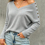 Women's V Neck Ribbed Knit Top Shoulder Button Long Sleeve Casual Pullover