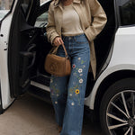 Women's High Waisted Floral Embroidered Wide Leg Jeans Washed Denim Pants