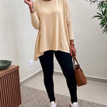 Women's Asymmetric Hem Long Sleeve Top Loose Fit Dropped Shoulder Crewneck Soft Slouchy Casual Tee