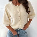 Women's Boucle Knit Cardigan Gold Beaded Puff Sleeve Sweater Crewneck Button Up Elegant Crop Outerwear