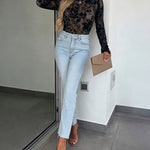 Women's Mesh Flocked Floral Top Lined Sheer Long Sleeve Tee Crewneck Slim Fit Layering Under Base Top with Thumbholes