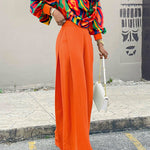 2 Pieces Outfit Multi-color All Over Print Cowl Neck Lantern Sleeve Stretchy Hem Loose Crop Top and Casual Elastic Back Waist Wide Leg Pants Set
