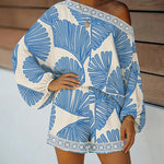 Women's Tropical Leaf Print 2 Piece Set Skew Neck Lantern Sleeve Top and Elastic Waist Shorts with Pockets & Lace