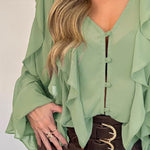 V Neck Shoulder Ruffles Design Blouse Casual Button Front Long Sleeve Top