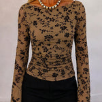 Women's Vintage Flocked Floral Mesh Top Boat Neck Ruched Flare Long Sleeve Tee