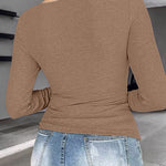 Chicme Built In Bra Notch Neck Long Sleeve Shirts Rib Knit Ruched Waist Top