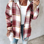 Plaid Pattern Long Sleeve Shacket Button Down Fleece Lined Hooded Jackets Warm Coat